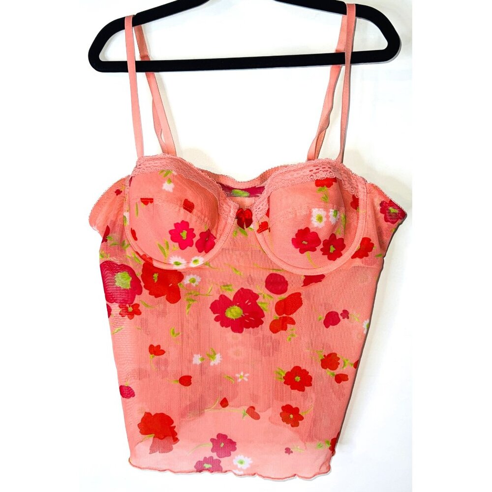 Vintage-Inspired Sheer Floral Pink Mesh Camisole Top  Lace Trim & Padded Cups L